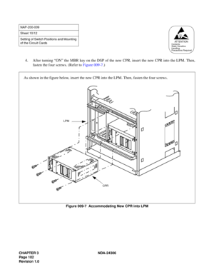 Page 130CHAPTER 3 NDA-24306
Page 102
Revision 1.0
4. After turning “ON” the MBR key on the DSP of the new CPR, insert the new CPR into the LPM. Then,
fasten the four screws. (Refer to Figure 009-7.)
Figure 009-7  Accommodating New CPR into LPM
NAP-200-009
Sheet 10/12
Setting of Switch Positions and Mounting 
of the Circuit Cards
ATTENTIONContents
Static Sensitive
Handling
Precautions Required
As shown in the figure below, insert the new CPR into the LPM. Then, fasten the four screws. 
LPM
CPR 