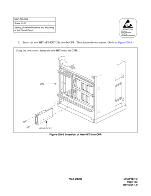 Page 131NDA-24306 CHAPTER 3
Page 103
Revision 1.0
5. Insert the new HFD (PZ-IO27/28) into the CPR. Then, fasten the two screws. (Refer to Figure 009-8.)
Figure 009-8  Insertion of New HFD into CPR
NAP-200-009
Sheet 11/12
Setting of Switch Positions and Mounting 
of the Circuit Cards
ATTENTIONContents
Static Sensitive
Handling
Precautions Required
Using the two screws, fasten the new HFD onto the CPR.
LPM
HFD (PZ-IO27) 