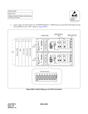 Page 132CHAPTER 3 NDA-24306
Page 104
Revision 1.0
6. Lastly, make sure that Switch 8 of “SYSTEM SELECT 1” (DIP Switch) on each CPU Front Panel (for all
LNs and ISW) is set to “ON.” (Refer to Figure 009-9.)
Figure 009-9  Switch Setting on the CPU Front Panel
NAP-200-009
Sheet 12/12
Setting of Switch Positions and Mounting 
of the Circuit Cards
ATTENTIONContents
Static Sensitive
Handling
Precautions Required
FRONT VIEW
03 02 01 00 04
IOC (PH-IO24)
* MISC / IOC
* MISC
MMC (PH-M22) EMA (PH-PC40)
12
345678
OFF
1234...