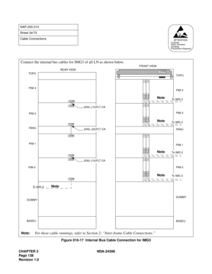 Page 166CHAPTER 3 NDA-24306
Page 138
Revision 1.0
Figure 010-17  Internal Bus Cable Connection for IMG3
NAP-200-010
Sheet 34/73
Cable Connections
AT T E N T I O NContents
Static Sensitive
Handling
Precautions Required
Connect the internal bus cables for IMG3 of all LN as shown below.
Note:For these cable runnings, refer to Section 2: “Inter-frame Cable Connections.”
 MUX  MUX
 MUX  MUX
 MUX
 MUX
 MUX
 MUX
 ALMB  ALMA
 ALMA
 ALMA
 ALMB
 ALMA
 ALMB
BASEU PIM 0 PIM 1 PIM 2
FA N U PIM 3
PIM 1 TO P U
TOPU FRONT VIEW...