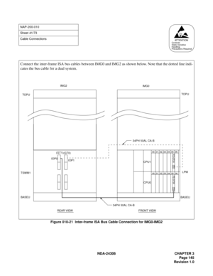 Page 173NDA-24306 CHAPTER 3
Page 145
Revision 1.0
Figure 010-21  Inter-frame ISA Bus Cable Connection for IMG0-IMG2
NAP-200-010
Sheet 41/73
Cable Connections
AT T E N T I O NContents
Static Sensitive
Handling
Precautions Required
TOPU
LPM
BASEU
00 01 02 03 04 05 06 00 01 02 03 04 05 06PZ-GT20
CN
PZ-GT20
CN
FRONT VIEW
(GT1)
(GT0)
IOP1 IOP0
REAR VIEWIMG0 IMG2
TSWM1TOPU
BASEU
CPU0 CPU1
34PH 50AL CA-B
34PH 50AL CA-B
Connect the inter-frame ISA bus cables between IMG0 and IMG2 as shown below. Note that the dotted...