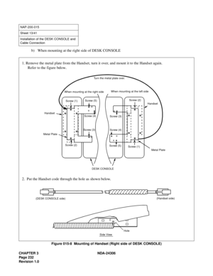 Page 260CHAPTER 3 NDA-24306
Page 232
Revision 1.0
b) When mounting at the right side of DESK CONSOLE
Figure 015-8  Mounting of Handset (Right side of DESK CONSOLE)
NAP-200-015
Sheet 13/41
Installation of the DESK CONSOLE and 
Cable Connection
2.  Put the Handset code through the hole as shown below. 1. Remove the metal plate from the Handset, turn it over, and mount it to the Handset again.
      Refer to the figure below.
Handset
Metal PlateWhen mounting at the right sideWhen mounting at the left side Turn the...