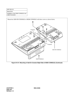 Page 272CHAPTER 3 NDA-24306
Page 244
Revision 1.0
Figure 015-16  Mounting of Add-On Console (Right Side of DESK CONSOLE) (Continued)
NAP-200-015
Sheet 25/41
Installation of the DESK CONSOLE and 
Cable Connection
Mount the ADD-ON CONSOLE to DESK CONSOLE with three screws as shown below.
ADD-ON CONSOLE
DESK CONSOLE Projection
Projection 