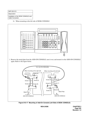 Page 273NDA-24306 CHAPTER 3
Page 245
Revision 1.0
b) When mounting at the left side of DESK CONSOLE
Figure 015-17  Mounting of Add-On Console (Left Side of DESK CONSOLE)
NAP-200-015
Sheet 26/41
Installation of the DESK CONSOLE and 
Cable Connection
TR KSL
SVC
SC
DDC HWS B V
WUS
DDS
RCS
WUR
DDR
RCRMWS
MWR
MR CLR
TG1 TG6
TG2TG7
TG3 TG8
TG4TG9 ENT ER
CLEAR
EXIT
TG5TG10STSALARMPOSITION AVA ILA BLE
LDNTIE
BUSY
HWC
HPDDADM
GST
L 6
L 5
L 4
L 3
L 2
L 1
*
7
PQRS8
TUV9
WX YZ 1
2
ABC3
DEF
4
GHI5
JKL6
MNOSRCCANCEL
TA L K...
