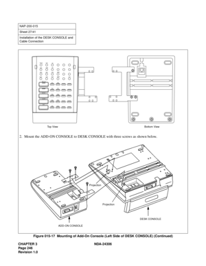 Page 274CHAPTER 3 NDA-24306
Page 246
Revision 1.0
Figure 015-17  Mounting of Add-On Console (Left Side of DESK CONSOLE) (Continued)
NAP-200-015
Sheet 27/41
Installation of the DESK CONSOLE and 
Cable Connection
Top ViewBottom View
TRKSL SVC
DDCHWS
WUS DDS
WUR
DDRSC
BV
RCSMWS
RCR MWR
STS
TG1 TG6
TG2TG7
TG3
TG8 MR CLR
ENTER
CLEAR
EXITTG4TG9
TG5
TG10
2. Mount the ADD-ON CONSOLE to DESK CONSOLE with three screws as shown below.
Projection
ADD-ON CONSOLEDESK CONSOLE Projection 