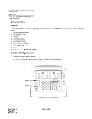 Page 276CHAPTER 3 NDA-24306
Page 248
Revision 1.0
 Configuration Menu
[General]
Configuration Menu is used for assigning configuration data for DESK CONSOLE. The menu has the following
items:
1. HEADSET/HANDSET
2. HEADSET TYPE
3. MUTE
4. REC CONTROL
5. PAGE CONTROL
6. SUP CONNECTION
7. REC VOLUME
8. BLF
9. HOLD/START/RELEASE SWAP
[Selection of Configuration Item]
1. Displaying Configuration Menu
a) Turn on the power while pressing the L3 and L6 keys simultaneously.
NAP-200-015
Sheet 29/41
Installation of the...
