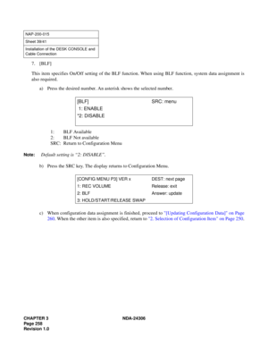 Page 286CHAPTER 3 NDA-24306
Page 258
Revision 1.0
7. [BLF]
This item specifies On/Off setting of the BLF function. When using BLF function, system data assignment is
also required.
a) Press the desired number. An asterisk shows the selected number.
1: BLF Available
2: BLF Not available
SRC: Return to Configuration Menu
Note:Default setting is “2: DISABLE”.
b) Press the SRC key. The display returns to Configuration Menu.
c) When configuration data assignment is finished, proceed to [Updating Configuration Data]...