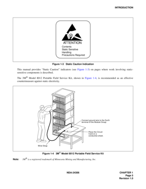 Page 33NDA-24306 CHAPTER 1
Page 5
Revision 1.0
INTRODUCTION
Figure 1-3   Static Caution Indication
This manual provides “Static Caution” indicators (see Figure 1-3) on pages where work involving static-
sensitive components is described.
The 3M
 Model 8012 Portable Field Service Kit, shown in Figure 1-4, is recommended as an effective
countermeasure against static electricity.
Figure 1-4   3M Model 8012 Portable Field Service Kit
Note:3M
 is a registered trademark of Minnesota Mining and Manufacturing, Inc....