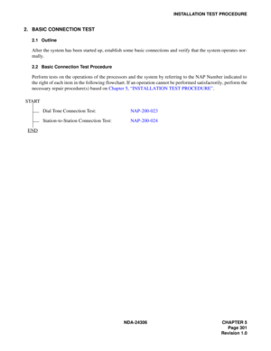 Page 329NDA-24306 CHAPTER 5
Page 301
Revision 1.0
INSTALLATION TEST PROCEDURE
2. BASIC CONNECTION TEST
2.1 Outline
After the system has been started up, establish some basic connections and verify that the system operates nor-
mally.
2.2 Basic Connection Test Procedure
Perform tests on the operations of the processors and the system by referring to the NAP Number indicated to
the right of each item in the following flowchart. If an operation cannot be performed satisfactorily, perform the
necessary repair...