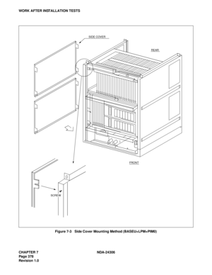Page 406CHAPTER 7 NDA-24306
Page 378
Revision 1.0
WORK AFTER INSTALLATION TESTS
Figure 7-3   Side Cover Mounting Method (BASEU+LPM+PIM0)
SCREWFRONT
REAR
SIDE COVER 