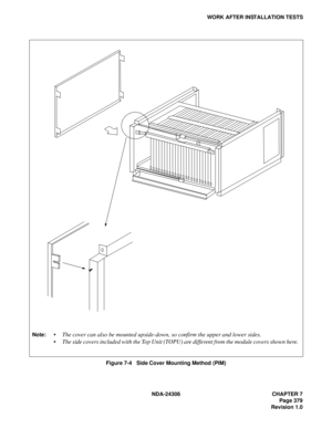 Page 407NDA-24306 CHAPTER 7
Page 379
Revision 1.0
WORK AFTER INSTALLATION TESTS
Figure 7-4   Side Cover Mounting Method (PIM)
Note: The cover can also be mounted upside-down, so confirm the upper and lower sides.
 The side covers included with the Top Unit (TOPU) are different from the module covers shown here. 