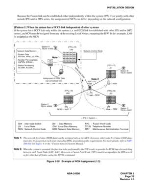 Page 61NDA-24306 CHAPTER 2
Page 33
Revision 1.0
INSTALLATION DESIGN
Because the Fusion link can be established either independently within the system (IPX-U) or jointly with other
outside IPX and/or IMX series, the assignment of NCN can differ, depending on the network configuration.
Figure 2-20   Example of NCN Assignment (1/3) Note 1:The network-level data (NDM data) can be assigned only at the NCN. However, other node-level data (LDM data)
must also be assigned at each node (including ISW), depending on the...