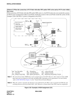 Page 62CHAPTER 2 NDA-24306
Pag e 3 4
Revision 1.0
INSTALLATION DESIGN
Figure 2-20  Example of NCN Assignment (2/3)
Note 1:The network-level data (NDM data) can be assigned only at the NCN. However, other node-level data (LDM
data) must also be assigned at each node (including ISW), depending on the requirements. For more details,
 refer t o NAP-200-020 in Chapter 4 or the “Fusion Network System Manual.” 
Note 2:When the system is operated, the function to be performed by the ISW is only to provide the PCM time...