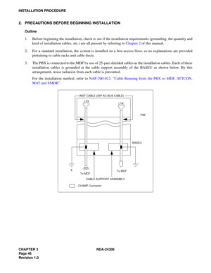 Page 74CHAPTER 3 NDA-24306
Pag e 4 6
Revision 1.0
INSTALLATION PROCEDURE
2. PRECAUTIONS BEFORE BEGINNING INSTALLATION
Outline
1. Before beginning the installation, check to see if the installation requirements (grounding, the quantity and
kind of installation cables, etc.) are all present by referring to Chapter 2 of this manual.
2. For a standard installation, the system is installed on a free-access floor, so no explanations are provided
pertaining to cable racks and cable ducts.
3. The PBX is connected to...