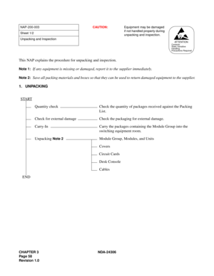 Page 86CHAPTE R 3   NDA-2 4306
P ag e 5 8
R evis io n 1.0
T his  NA P  exp la ins  the  p roc edure  f o r  unpa cki ng  an d  in sp ect ion.
Note  1:  If a ny  equ ipment  is m is sin g  or da mage d, re po rt it to t he  su pp lie r i mm ediat ely.
Note  2:  Save  all p ack ing  mat erials  a nd bo xes  so  that th ey  can  be u sed  to re turn  dam aged  equ ipme nt  to  the  s u pp lie r.
1.  UN PA CKING
N AP-2 00-0 03   CAUT IO N:   Equip m ent  m ay  be  dam ag ed 
if not ha ndl ed  p rop erly du ring 
u...