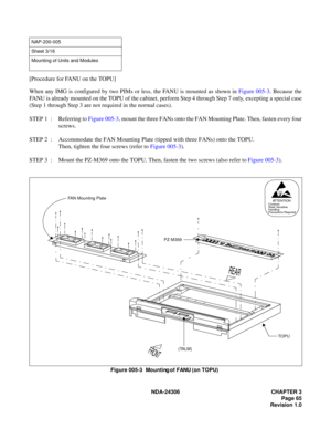 Page 93NDA-24306 CHAPTER 3
Page 65
Revision 1.0
[Procedure for FANU on the TOPU]
When any IMG is configured by two PIMs or less, the FANU is mounted as shown in Figure 005-3. Because the
FANU is already mounted on the TOPU of the cabinet, perform Step 4 through Step 7 only, excepting a special case
(Step 1 through Step 3 are not required in the normal cases).
STEP 1  : Referring to Figure 005-3, mount the three FANs onto the FAN Mounting Plate. Then, fasten every four
screws.
STEP 2  : Accommodate the FAN...