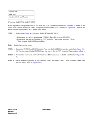 Page 98CHAPTER 3 NDA-24306
Pag e 7 0
Revision 1.0
[Procedure for FANU in the FAN BOX]
When any IMG is configured by three or four PIMs, the FANU must be accommodated within the FAN BOX in the
center of the cabinet. Because the FANU is originally mounted on the TOPU as shown in Figure 005-3, relocate the
FANU into the dedicated FAN BOX per the Steps below:
STEP 7  : Referring to Figure 005-3, remove the FANU from the TOPU.
- Remove the two screws fastening the PZ-M369. Then, lift away the PZ-M369.
- Remove the...