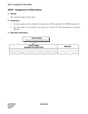 Page 240CHAPTER 4 NDA-24298
Page 206
Issue 1
AOFC : Assignment of Office Name
AOFC:  Assignment of Office Name
1. General
This command assigns the office name.
2. Precautions
1. The data assignment of this command is the same as the ASYD command SYS1, INDEX96 through 115.
2. The office name is also included in the dump files of LIST UP, Traffic Measurement, and System
Message.
3. Data Entry Instructions
Maximum 20 characters of office name.OFFICE NAME
MAXIMUM 20 CHARACTERS(OFFICE NAME)
REMARKS 