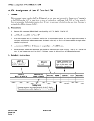 Page 242CHAPTER 4 NDA-24298
Page 208
Issue 1
AUIDL : Assignment of User ID Data for LDM
AUIDL: Assignment of User ID Data for LDM
1. General
This command is used to assign the User ID data such as user name and password for the purpose of logging in
to the PBX from the MAT in stand-alone system, or logging in to each Local Node (LN) in Fusion network.
Once programming the login information, User ID entry is necessary to login from the next time. This data is
written in Local Data Memory (LDM).
2. Precautions
1....