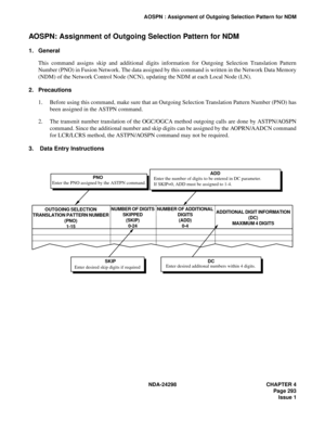 Page 327NDA-24298 CHAPTER 4
Page 293
Issue 1
AOSPN : Assignment of Outgoing Selection Pattern for NDM
AOSPN: Assignment of Outgoing Selection Pattern for NDM
1. General
This command assigns skip and additional digits information for Outgoing Selection Translation Pattern
Number (PNO) in Fusion Network. The data assigned by this command is written in the Network Data Memory
(NDM) of the Network Control Node (NCN), updating the NDM at each Local Node (LN).
2. Precautions
1. Before using this command, make sure...