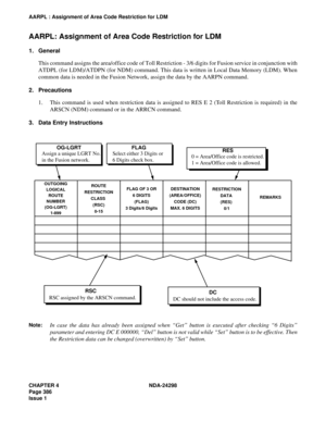 Page 420CHAPTER 4 NDA-24298
Page 386
Issue 1
AARPL : Assignment of Area Code Restriction for LDM
AARPL: Assignment of Area Code Restriction for LDM
1. General
This command assigns the area/office code of Toll Restriction - 3/6 digits for Fusion service in conjunction with
ATDPL (for LDM)/ATDPN (for NDM) command. This data is written in Local Data Memory (LDM). When
common data is needed in the Fusion Network, assign the data by the AARPN command.
2. Precautions
1. This command is used when restriction data is...