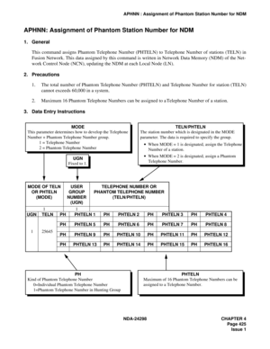 Page 459NDA-24298 CHAPTER 4
Page 425
Issue 1
APHNN : Assignment of Phantom Station Number for NDM
APHNN: Assignment of Phantom Station Number for NDM 
1. General
This command assigns Phantom Telephone Number (PHTELN) to Telephone Number of stations (TELN) in
Fusion Network. This data assigned by this command is written in Network Data Memory (NDM) of the Net-
work Control Node (NCN), updating the NDM at each Local Node (LN).
2. Precautions
1. The total number of Phantom Telephone Number (PHTELN) and Telephone...