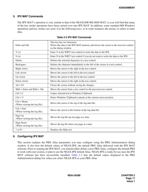 Page 51NDA-24298 CHAPTER 2
 Page 17
Issue 1
ASSIGNMENT
5. IPX MAT Commands
The IPX MAT’s operation is very similar to that of the NEAX2400 MS-DOS MAT, so you will find that many
of the key stroke operations have been carried over into IPX MAT. In addition, some standard MS Windows
operations and key strokes are used. Use the following keys, or in some instances the mouse, to select or enter
data.
6. Configuring IPX MAT
This section explains the PBX Alias parameters you may configure using the PBX Administration...