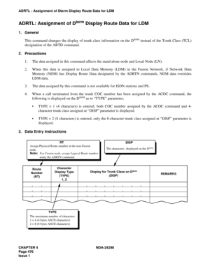 Page 510CHAPTER 4 NDA-24298
Page 476
Issue 1
ADRTL : Assignment of Dterm Display Route Data for LDM
ADRTL: Assignment of Dterm Display Route Data for LDM
1. General
This command changes the display of trunk class information on the D
term instead of the Trunk Class (TCL)
designation of the ARTD command.
2. Precautions
1. The data assigned in this command affects the stand alone-node and Local Node (LN).
2. When this data is assigned to Local Data Memory (LDM) in the Fusion Network, if Network Data
Memory (NDM)...