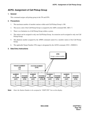 Page 739NDA-24298 CHAPTER 4
Page 705
Issue 1
ACPG : Assignment of Call Pickup Group
ACPG: Assignment of Call Pickup Group
1. General
This command assigns call pickup group in the TN and STN.
2. Precautions
1. The maximum number of member stations within each Call Pickup Group is 100. 
2. The access code of the Call Pickup Group is assigned by the ASPA command SSC, SID = 7.
3. There is no limitation in a Call Pickup Group within a system.
4. The station can be assigned to only one Call Pickup Group. An extension...