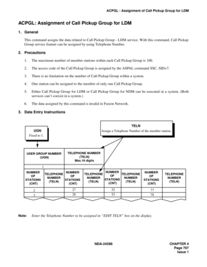 Page 741NDA-24298 CHAPTER 4
Page 707
Issue 1
ACPGL : Assignment of Call Pickup Group for LDM
ACPGL: Assignment of Call Pickup Group for LDM
1. General
This command assigns the data related to Call Pickup Group - LDM service. With this command, Call Pickup
Group service feature can be assigned by using Telephone Number.
2. Precautions
1. The maximum number of member stations within each Call Pickup Group is 100.
2. The access code of the Call Pickup Group is assigned by the ASPAL command SSC, SID=7.
3. There is...