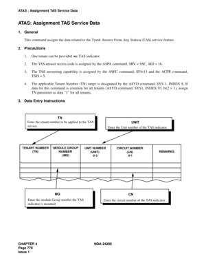 Page 804CHAPTER 4 NDA-24298
Page 770
Issue 1
ATAS : Assignment TAS Service Data
ATAS: Assignment TAS Service Data
1. General
This command assigns the data related to the Trunk Answer From Any Station (TAS) service feature.
2. Precautions
1. One tenant can be provided one TAS indicator.
2. The TAS answer access code is assigned by the ASPA command, SRV = SSC, SID = 16.
3. The TAS answering capability is assigned by the ASFC command, SFI=13 and the ACFR command,
TSFI = 5. 
4. The applicable Tenant Number (TN)...