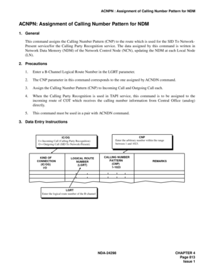 Page 847NDA-24298 CHAPTER 4
Page 813
Issue 1
ACNPN : Assignment of Calling Number Pattern for NDM
ACNPN: Assignment of Calling Number Pattern for NDM
1. General
This command assigns the Calling Number Pattern (CNP) to the route which is used for the SID To Network-
Present service/for the Calling Party Recognition service. The data assigned by this command is written in
Network Data Memory (NDM) of the Network Control Node (NCN), updating the NDM at each Local Node
(LN).
2. Precautions
1. Enter a B-Channel...