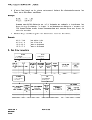 Page 876CHAPTER 4 NDA-24298
Page 842
Issue 1
AVTL : Assignment of Virtual Tie Line Data
6. When the Date Range is one day, only the starting week is displayed. The relationship between the Date
Range and the Week Range is as follows:
Example:
DATE:  11/08 - 11/22
WEEK:  MON-WED
In a case where 11/08 is Wednesday and 11/22 is Wednesday two weeks after, in the designated Date
Range, 8th is the first Monday. 13th through 15th are Monday through Wednesday of next week, and
20th through 22nd are Monday through...