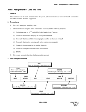 Page 91NDA-24298 CHAPTER 4
Page 57
Issue 1
ATIM : Assignment of Date and Time
ATIM: Assignment of Date and Time
1. General
This command sets the clock information for the system. Clock information is executed when Y is entered in
the WRT? field and the Enter key pressed.
2. Precautions
1. The clock is assigned in military time.
2. Clock information assigned in this command is necessary for the following purposes:
(a) To indicate time for D
term and ATT (Desk Console/Hotel Console) 
(b) To specify the time for...