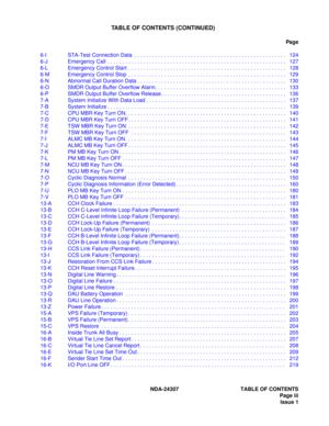Page 15NDA-24307 TABLE OF CONTENTS
Page iii
Issue 1
TABLE OF CONTENTS (CONTINUED)
Pag e
6-I STA-Test Connection Data  . . . . . . . . . . . . . . . . . . . . . . . . . . . . . . . . . . . . . . . . . . . . . . . . . . . 124
6-J Emergency Call  . . . . . . . . . . . . . . . . . . . . . . . . . . . . . . . . . . . . . . . . . . . . . . . . . . . . . . . . . . . .  127
6-L Emergency Control Start  . . . . . . . . . . . . . . . . . . . . . . . . . . . . . . . . . . . . . . . . . . . . . . . . . . . . .  128
6-M...