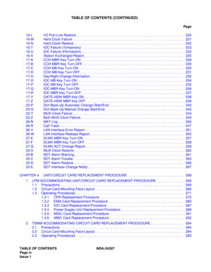 Page 16TABLE OF CONTENTS NDA-24307
Page iv
Issue 1
TABLE OF CONTENTS (CONTINUED)
Pag e
16-L I/O Port Line Restore . . . . . . . . . . . . . . . . . . . . . . . . . . . . . . . . . . . . . . . . . . . . . . . . . . . . . . . .  220
16-M Hard Clock Failure . . . . . . . . . . . . . . . . . . . . . . . . . . . . . . . . . . . . . . . . . . . . . . . . . . . . . . . . . .  221
16-N Hard Clock Restore  . . . . . . . . . . . . . . . . . . . . . . . . . . . . . . . . . . . . . . . . . . . . . . . . . . . . . . . . ....