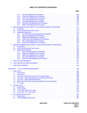 Page 17NDA-24307 TABLE OF CONTENTS
Page v
Issue 1
TABLE OF CONTENTS (CONTINUED)
Pag e
2.3.1 GT Card Replacement Procedure . . . . . . . . . . . . . . . . . . . . . . . . . . . . . . . . . . . . . . . . .  296
2.3.2 TSW Card Replacement Procedure  . . . . . . . . . . . . . . . . . . . . . . . . . . . . . . . . . . . . . . .  300
2.3.3 DLKC Card Replacement Procedure  . . . . . . . . . . . . . . . . . . . . . . . . . . . . . . . . . . . . . .  306
2.3.4 PLO Card Replacement Procedure. . . . . . . . . . . . . . ....