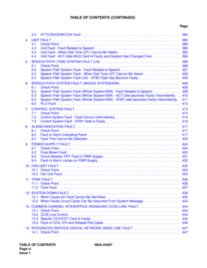 Page 18TABLE OF CONTENTS NDA-24307
Page vi
Issue 1
TABLE OF CONTENTS (CONTINUED)
Pag e
3.3 ATTCON/DESKCON Fault . . . . . . . . . . . . . . . . . . . . . . . . . . . . . . . . . . . . . . . . . . . . . . . . . . . . . 383
4. UNIT FAULT  . . . . . . . . . . . . . . . . . . . . . . . . . . . . . . . . . . . . . . . . . . . . . . . . . . . . . . . . . . . . . . . . . . . .  385
4.1 Check Point  . . . . . . . . . . . . . . . . . . . . . . . . . . . . . . . . . . . . . . . . . . . . . . . . . . . . . . . . . . . . ....