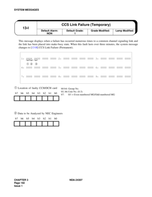 Page 220CHAPTER 3 NDA-24307
Page 192
Issue 1
SYSTEM MESSAGES
This message displays when a failure has occurred numerous times to a common channel signaling link and
the link has been placed into make-busy state. When this fault lasts over three minutes, the system message
changes to [13-H] CCS Link Failure (Permanent)
.
➀ Location of faulty CCH/DCH card
➁ Data to be Analyzed by NEC Engineers
1: XXXX XX00 0000 0000 2: 0000 0000 0000 0000 3: 0000 0000 0000 0000
➀ ➁ ➂
4: 0000 0000 0000 0000 5: 0000 0000 0000 0000...