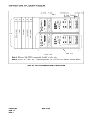 Page 298CHAPTER 4 NDA-24307
Page 270
Issue 1
UNIT/CIRCUIT CARD REPLACEMENT PROCEDURE
Figure 4-1   Circuit Card Mounting Face Layout of LPM
12
34
567
8
OFF
12
34
567
8
OFF
12
34
OFF
MBR
FDD ON
OFF
PALM
ON
OFF OUT PWR
IN PWR5AHDD SW
MB
SYSTEM SELECT0
SENSE SYSTEM SELECT1
SYSTEM SELECT2
CPURST
SLOT No.    0 1 2 3 4 5 6 STATUS IMG1 IMG2 IMG3 CPUOPE
WDTIMG0
ON
ON
ON4C026AE
12
34
567
8
OFF
12
34
567
8
OFF
12
34
OFF
MBR
FDD ON
OFF
ON
OFF OUT PWR
IN PWR5AHDD SW
MB
SYSTEM SELECT0
SENSE SYSTEM SELECT1
SYSTEM SELECT2...