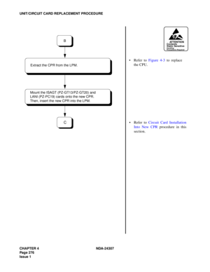 Page 304CHAPTER 4 NDA-24307
Page 276
Issue 1
UNIT/CIRCUIT CARD REPLACEMENT PROCEDURE
ATTENTIONContents
Static Sensitive
Handling
Precautions Required
Refer to Figure 4-3 to replace
the CPU.
Refer to Circuit Card Installation
Into New CPR procedure in this
section.C
B
Extract the CPR from the LPM.
Mount the ISAGT (PZ-GT13/PZ-GT20) and 
LANI (PZ-PC19) cards onto the new CPR. 
Then, insert the new CPR into the LPM. 