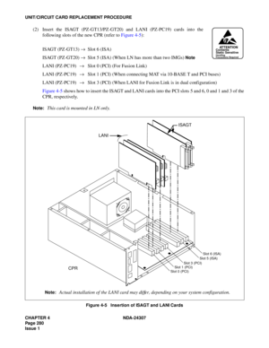 Page 308CHAPTER 4 NDA-24307
Page 280
Issue 1
UNIT/CIRCUIT CARD REPLACEMENT PROCEDURE
(2) Insert the ISAGT (PZ-GT13/PZ-GT20) and LANI (PZ-PC19) cards into the
following slots of the new CPR (refer to Figure 4-5):
ISAGT (PZ-GT13) →Slot 6 (ISA)
ISAGT (PZ-GT20) →Slot 5 (ISA) (When LN has more than two IMGs) 
Note
LANI (PZ-PC19) →Slot 0 (PCI) (For Fusion Link)
LANI (PZ-PC19) →Slot 1 (PCI) (When connecting MAT via 10-BASE T and PCI buses)
LANI (PZ-PC19) →Slot 3 (PCI) (When LANI for Fusion Link is in dual...