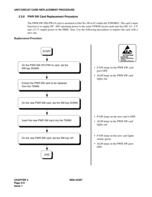 Page 340CHAPTER 4 NDA-24307
Page 312
Issue 1
UNIT/CIRCUIT CARD REPLACEMENT PROCEDURE
2.3.6 PWR SW Card Replacement Procedure
The PWR SW (PH-PW14) card is mounted in Slot No. 00 or 01 within the TSWM0/1. The card’s main
function is to supply DC -48V operating power to the same TSWM circuit cards and also DC +5, -5 V
and +12 V output power to the MISC slots. Use the following procedures to replace the card with a
new one.
Replacement Procedure
ATTENTIONContents
Static Sensitive
Handling
Precautions Required
P-ON...