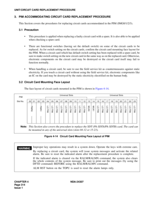 Page 342CHAPTER 4 NDA-24307
Page 314
Issue 1
UNIT/CIRCUIT CARD REPLACEMENT PROCEDURE
3. PIM ACCOMMODATING CIRCUIT CARD REPLACEMENT PROCEDURE
This Section covers the procedures for replacing circuit cards accommodated in the PIM (IMG0/1/2/3).
3.1 Precaution
This procedure is applied when replacing a faulty circuit card with a spare. It is also able to be applied
when checking a spare card.
There are functional switches (having set the default switch) on some of the circuit cards to be
replaced. As for switch...