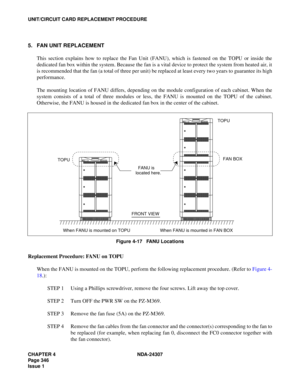Page 374CHAPTER 4 NDA-24307
Page 346
Issue 1
UNIT/CIRCUIT CARD REPLACEMENT PROCEDURE
5. FAN UNIT REPLACEMENT
This section explains how to replace the Fan Unit (FANU), which is fastened on the TOPU or inside the
dedicated fan box within the system. Because the fan is a vital device to protect the system from heated air, it
is recommended that the fan (a total of three per unit) be replaced at least every two years to guarantee its high
performance.
The mounting location of FANU differs, depending on the module...