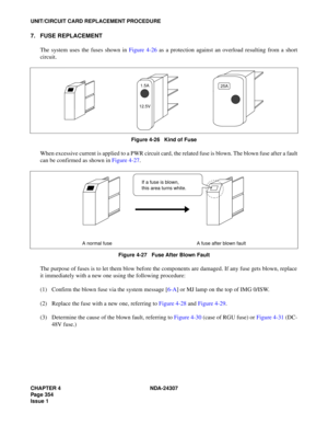 Page 382CHAPTER 4 NDA-24307
Page 354
Issue 1
UNIT/CIRCUIT CARD REPLACEMENT PROCEDURE
7. FUSE REPLACEMENT
The system uses the fuses shown in Figure 4-26 as a protection against an overload resulting from a short
circuit.
Figure 4-26   Kind of Fuse
When excessive current is applied to a PWR circuit card, the related fuse is blown. The blown fuse after a fault
can be confirmed as shown in Figure 4-27.
Figure 4-27   Fuse After Blown Fault
The purpose of fuses is to let them blow before the components are damaged. If...