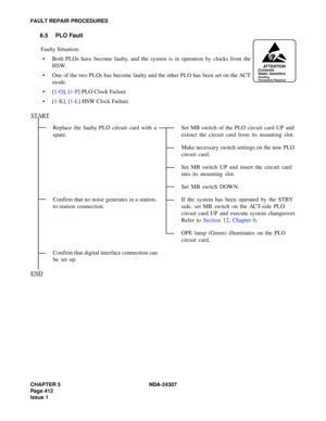 Page 440CHAPTER 5 NDA-24307
Page 412
Issue 1
FAULT REPAIR PROCEDURES
6.5 PLO Fault
Replace the faulty PLO circuit card with a 
spare.Set MB switch of the PLO circuit card UP and 
extract the circuit card from its mounting slot.
Make necessary switch settings on the new PLO 
circuit card.
Set MB switch UP and insert the circuit card 
into its mounting slot.
Set MB switch DOWN.
Confirm that no noise generates in a station- 
to-station connection.If the system has been operated by the STBY 
side, set MB switch on...