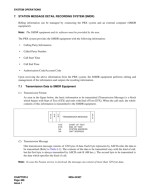 Page 494CHAPTER 6 NDA-24307
Page 466
Issue 1
SYSTEM OPERATIONS
7. STATION MESSAGE DETAIL RECORDING SYSTEM (SMDR)
Billing information can be managed by connecting the PBX system and an external computer (SMDR
equipment).
Note:The SMDR equipment and its software must be provided by the user.
The PBX system provides the SMDR equipment with the following information:
Calling Party Information
Called Party Number
Call Start Time
Call End Time
Authorization Code/Account Code
Upon receiving the above information...