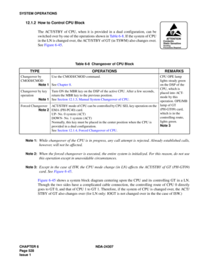 Page 556CHAPTER 6 NDA-24307
Page 528
Issue 1
SYSTEM OPERATIONS
12.1.2 How to Control CPU Block
The ACT/STBY of CPU, when it is provided in a dual configuration, can be
switched over by one of the operations shown in Table 6-8. If the system of CPU
in the LN is changed over, the ACT/STBY of GT (in TSWM) also changes over.
See Figure 6-45.
Note 1:While changeover of the CPU is in progress, any call attempt is rejected. Already established calls,
however, will not be affected.
Note 2:When the forced changeover is...