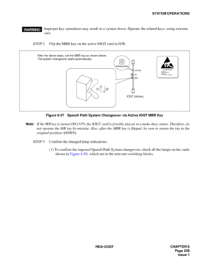 Page 567NDA-24307 CHAPTER 6
Page 539
Issue 1
SYSTEM OPERATIONS
STEP 2 Flip the MBR key on the active IOGT card in ISW.
Figure 6-57   Speech Path System Changeover via Active IOGT MBR Key
Note:
If the MB key is turned ON (UP), the IOGT card is forcibly placed in a make-busy status. Therefore, do
not operate the MB key by mistake. Also, after the MBR key is flipped, be sure to return the key to the
original position (DOWN).
STEP 3 Confirm the changed lamp indications.
(1) To confirm the imposed Speech Path System...